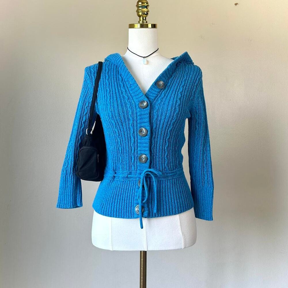 Aeropostale Y2K 2000s Blue Hooded Sweater Top M 3/4 Sleeve Preppy Button Up